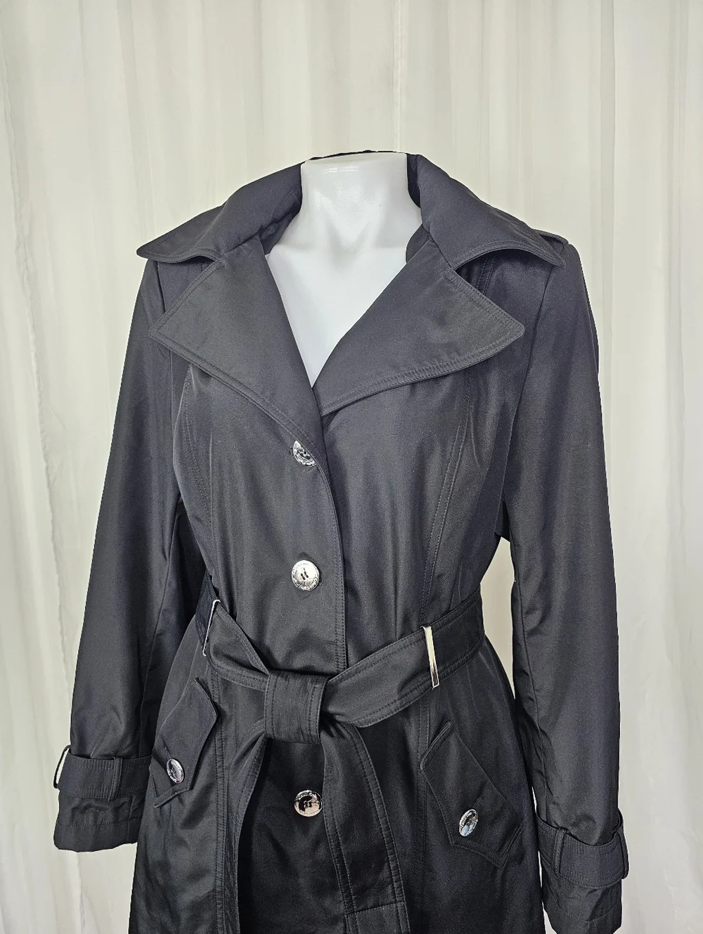 Calvin Klein Black Belted Hooded Lightweight Trench Coat Raincoat Medium - Picture 2 of 14